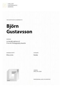 Diplom för utmärkelse tilldelad fotograf Björn Gustavsson