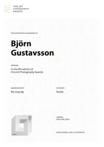 Diplom för utmärkelse tilldelad fotograf Björn Gustavsson